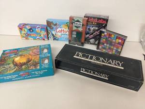 6 Piece Game Collection- Vintage Pictionary, Brand New Desktop Bowling, Eeboo Preschool Lotto,