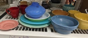 Shelf of Colorful Vintage China and Glass-Great for Collectors