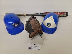 2 Vintage Milwaukee Brewers Helmets - New With Tags 11 Wilson Softball Glove - Used Easton Redline In Youth Baseball Bat