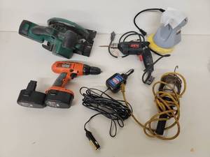 Power Tools You Need - 2 Power Drills - 1 Saw - Peak Jumper Charger - 2 Electric Car Buffers -  Work Light