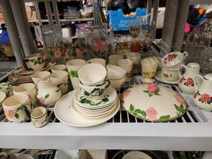 Shelf of Treasures-Franciscan Desert Rose, Hall China, Hand-Painted Glass And More