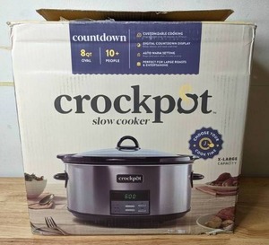 lot 76 image: Crock Pot Slow Cooker, 8 Quart Programmable Slow Cooker with Digital Countdown Timer, Black Stainless Steel - N