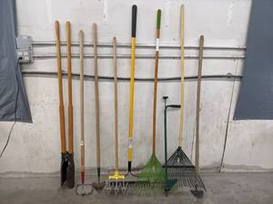 lot 124 image: Yard and Lawn Care Tool Collection Rakes, Hoe, Weed Puller, Rotary Cultivator, and more - X