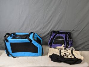 lot 133 image: Lot of Two Soft Sided Pet Carriers and a Dogs Rule Canvas Tote Bag - X