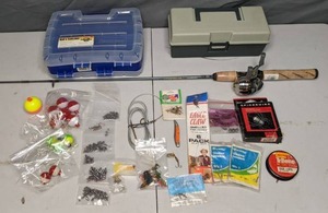 lot 161 image: Fishing Lot Rod & Reel, Bobbers, Weights, Hooks, Lures, Tackle Boxes and More - X