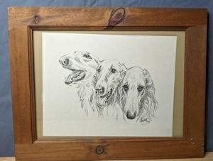 lot 153 image: Signed, Numbered Charcoal Sketch of Three Borzoi Dogs by Artist Ardietta, 73 - X