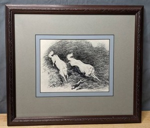 lot 154 image: FramedMatted Charcoal Drawing of Borzoi Dogs Chasing a Rabbit, Artist Unknown - X