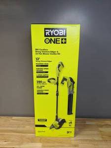 lot 21 image: Brand New Ryobi ONE 18V Cordless Battery String Trimmer Edger and Jet Fan Blower Combo Kit with 4.0 Ah Battery and Charger - T