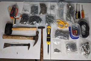 lot 223 image: Misc. Screws, Nails, Hammers, Stanley Ratcheting Screwdriver, and More