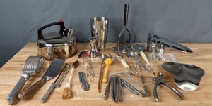 lot 245 image: Array of Kitchen Tools Kettle, Bar Shaker, Drink Tools, Drink Stirs, Nut Crackers, & More - X