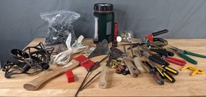 lot 246 image: Mixed Tools Coleman Flashlight, Screwdrivers, Extension Cord, Gardening Tools, Axe, & More - X