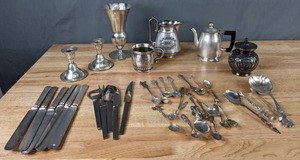 lot 250 image: Beautiful Silverware Collection Spoons, Knives, Candle Holders, & More - X