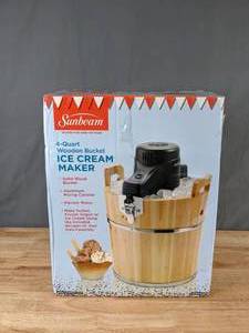 lot 203 image: Sunbeam 4 Quart Wooden Bucket Ice Cream Maker - X