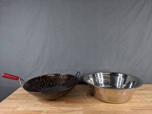lot 205 image: 16 Steel Round Bottom Wok Pan and Bowl - X