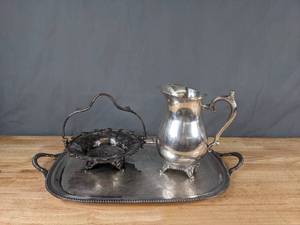 lot 197 image: Collection of Vintage Silver Water Pitcher, Serving Tray and Dish Bowl - X