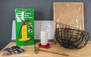 lot 275 image: Very Mixed Lot Tire Pump, Hummingbird Feeder, Wire Baskets, Sewing PatternCraft Board and More  - X