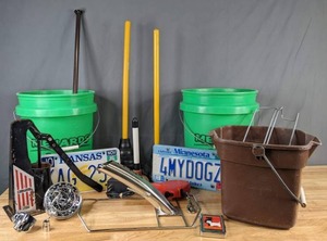 lot 276 image: Mixed Lot of Plungers, The Canibal Hand Pump, Buckets, License Plates and More - X