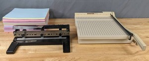 lot 279 image: Office Lot ACCO Hole Punch, Boston Paper Cutter and Multi-Colored Paper - X