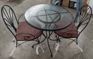 lot 289 image: Wrought Iron Bistro Patio Set Table and Two Chairs - X