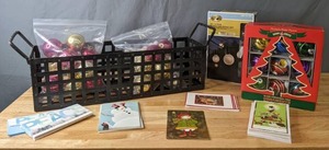 lot 293 image: Christmas Lot Metal Basket, Ornaments, Christmas Cards, String Lights, and More - X