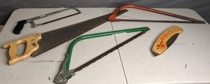 lot 285 image: Lot of 5 Hand Saws Including a Fiskars Folding Saw - X