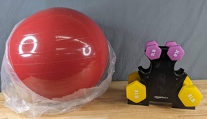 lot 288 image: Red Balance Ball and an  Amazon Basic Dumbbell Set - X