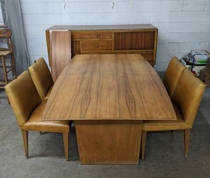 lot 1 image: Elegant Vintage Dunbar Mid-Century Modern Dining Room Table with 4 Chairs and Marble-Topped Buffet - X