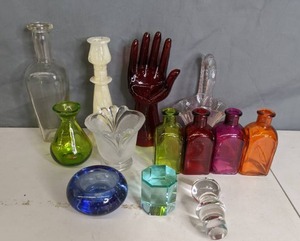 lot 328 image: Assortment of Decorative Colorful Glass Bottles, Candle Holders, and More - N