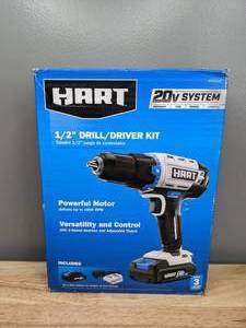 lot 31 image: Brand New HART 20-Volt Cordless 12-inch Drill Driver Kit 1.5Ah Lithium-Ion Battery & Charger - T