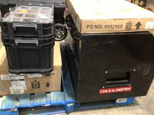 Lot of Assorted Husky Boxes and Husky Cabinets with damage (review all pictures)