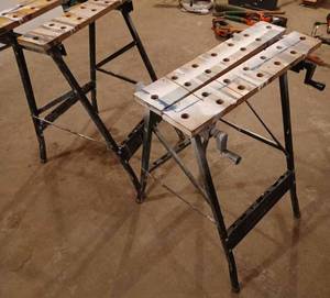Two WorkMate Type Stands with Hand-Crank Vise Tops 32-inches Tall by 22-inches Wide