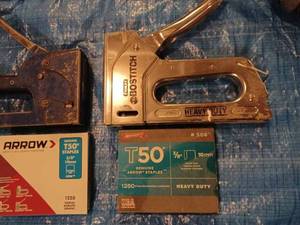 Stanley Bostitch StaplerTacker Gun, a Blue StaplerTacker Gun, 2 Boxes of New Staples, Grease Gun & More
