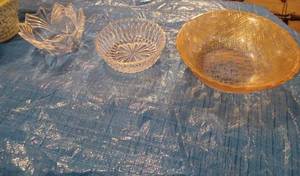 Ceramic Basket, Carnival Colored Serving Bowl, 6-inch Clear Bowl, and a 5.5-inch Clear Bowl