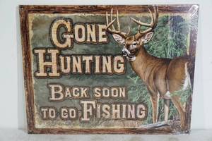 lot 25 image: NEW Gone Hunting - Back Soon to go Fishing Tin Sign