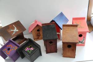 Seven Wooden Bird Houses--Different Colors--One Wooden Bird Feeder