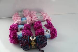 Five Skeins Of Feather Boa Pink Yarn-Four Skeins Of Feather Boa Wine Colored Yarn-One Skein Of Lion Suede Prints Purple Yarn