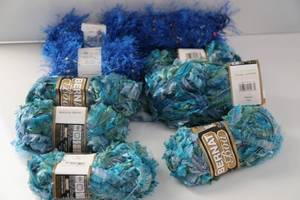 Six Skeins Of Bernat Boa Variegated Blue Yarn-Three Skeins Of Royal Blue Moda Dea Fur Ever Yarn
