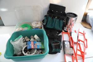 Plastic Bin Filled W Miscellaneous Garage Items-Loctite Fun Tak-Screws-Cabinet Hardware, Etc