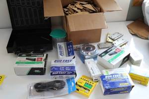 Duo Fast Staples-Cabinet Hinges-Flange Bolt-Narrow Crown Staples-Swingline Staples-Box Of Miscellaneous Wood Pieces