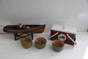 Collector Wooden Boat With Captain-Thankful-Blessed-Grateful Bowls-Share The Good---Pass It On Cooler