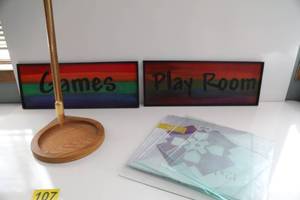 Wooden Stand-Two Signs--Games & Playroom--12 x 12 Pieces Of Plexiglass Or Glass