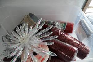 Nine Deco Poly Mesh (Different Colors) - Merry Christmas Pail With Pine Cones In It-Two Berwick Velveteen Floral & Craft Ribbon-Clear Lighted Tree Top Decoration