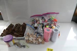 Container Of Colored Sprinkles-Belt-Log Pieces-Many Different Colors Of Thread On Spools-Bag Full Of Empty Thread Spools-Pink & White Spools Of Tulle--6  x  40 Yds