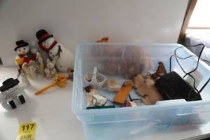 Tub Filled With Miscellaneous Items-Statues-White Snowman-Shaker Item From Mexico-Painted Wooden Snowman-Furry Kitten
