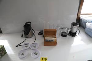 Set Of Four Coasters-Recipe Box With Index Cards-Electric Bullet With Extra Containers To Drink Out Of