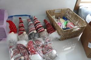 Ten Cone Shaped Yarn Christmas Decorations With White Yarn On Bottoms--Pure Color --Ofray Ribbon On Spools