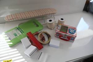 Embroidery Hoops-Garden Green Foam Kneeling Pad-Small Shirt Sleeve Ironing Board-Two Spools Of White Yarn-Dr. Suess Cat In The Hat Lunch Pail