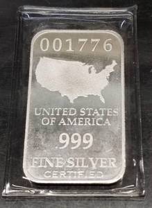 1 TROY OZ .999 FINE SILVER BAR US STATE SEALED