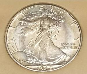 1942 WALKING LIBERTY HALF BU MS63 ORIGINAL LITE ROLL END TONING