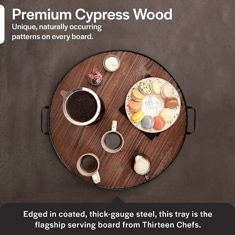 lot 76 image: Wine Barrel Inspired 20 Round Serving TrayCharcuterie Board with Handles, Farmhouse Style